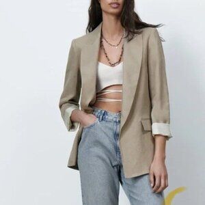 Zara Beige TAUPE LONG LINE LINEN FLIP CUFF  OPEN FRONT BLAZER SIZE MEDIUM